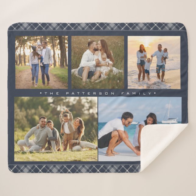 Family Name 5 Photo Collage Blue Plaid Modern Sherpa Blanket (Front (Horizontal))