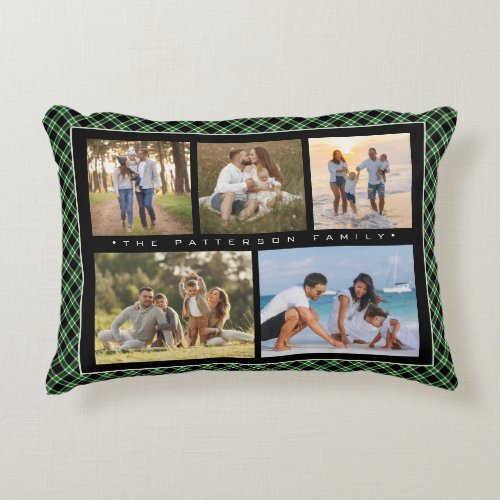 Family Name 5 Photo Collage Green Plaid Modern Accent Pillow