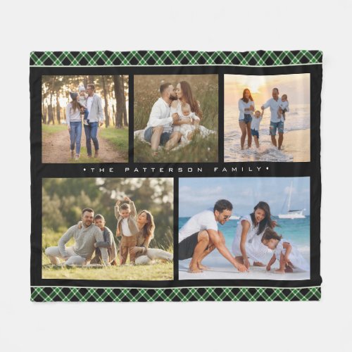 Family Name 5 Photo Collage Green Plaid Modern Fleece Blanket