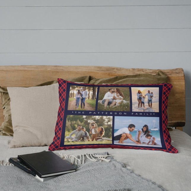 Family Name 5 Photo Collage Red Plaid Modern Accent Pillow (Creator Uploaded)