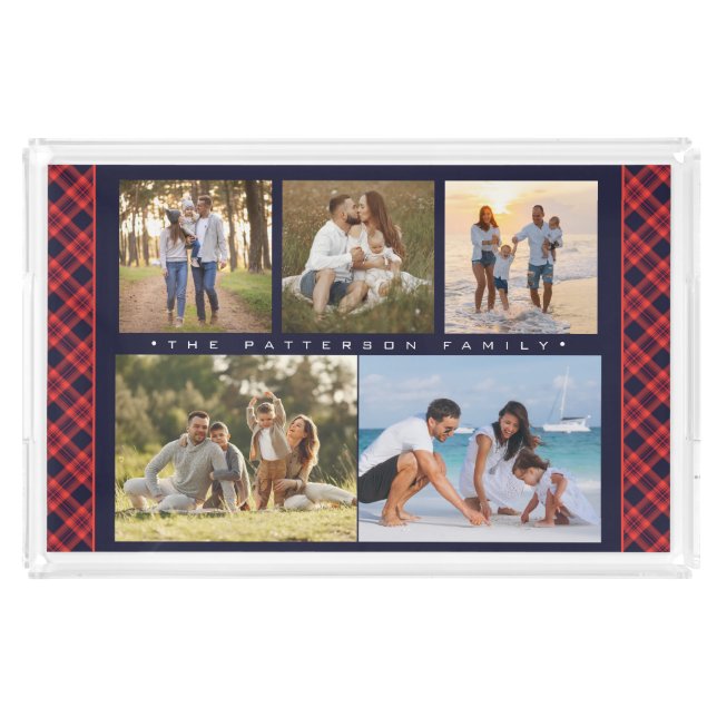 Family Name 5 Photo Collage Red Plaid Modern Acrylic Tray (Front)
