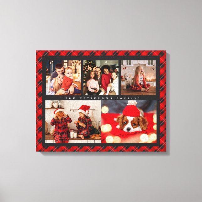 Family Name 5 Photo Collage Red Plaid Modern Canvas Print (Front)