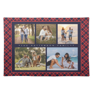 Family Name 5 Photo Collage Red Plaid Modern Cloth Placemat