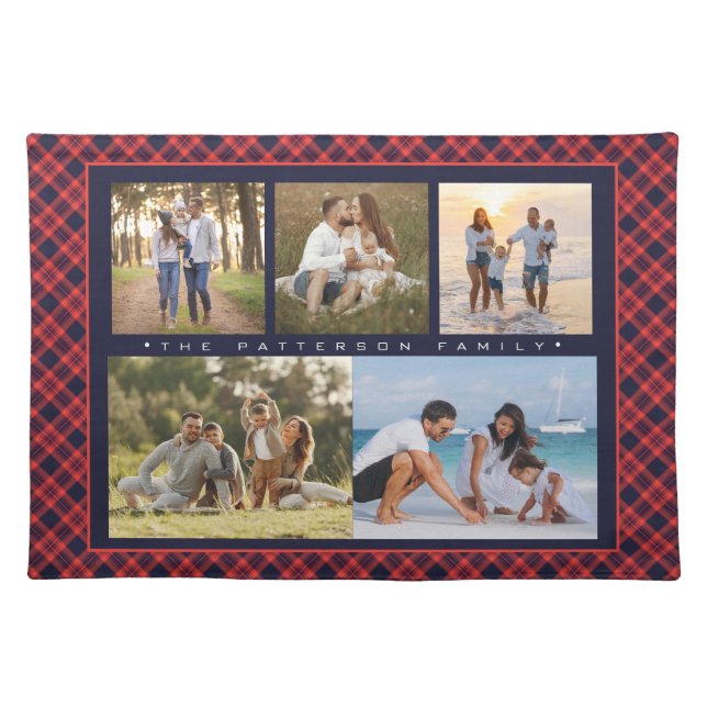 Family Name 5 Photo Collage Red Plaid Modern Cloth Placemat (Front)