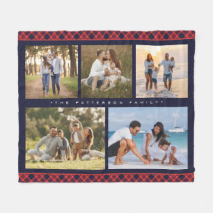 Family Name 5 Photo Collage Red Plaid Modern Fleece Blanket