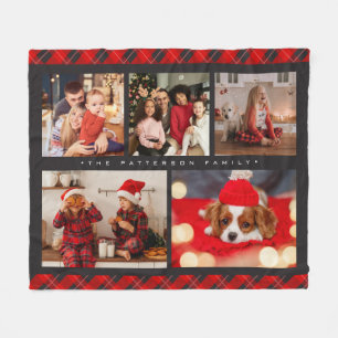Family Name 5 Photo Collage Red Plaid Modern Fleece Blanket