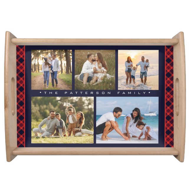 Family Name 5 Photo Collage Red Plaid Modern Serving Tray (Front)