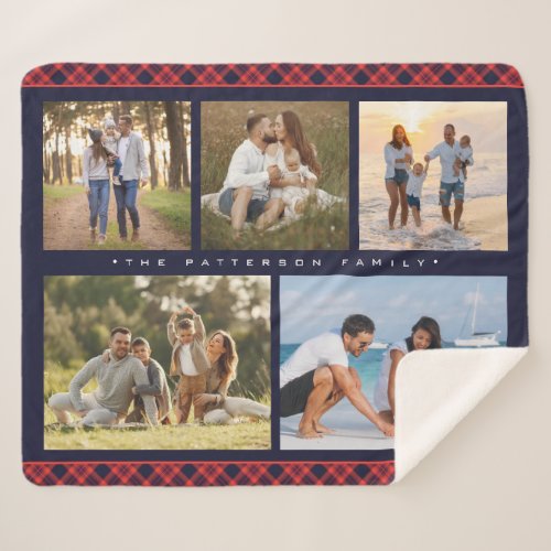 Family Name 5 Photo Collage Red Plaid Modern Sherpa Blanket