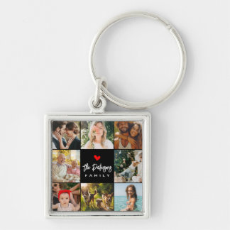 Family Name 8 Photo Collage Modern Elegant Black Keychain