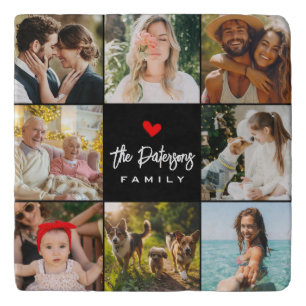 Family Name 8 Photo Collage Modern Elegant Black Trivet
