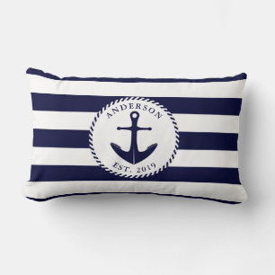 Family Name Anchor Nautical Navy Blue and White Lumbar Pillow