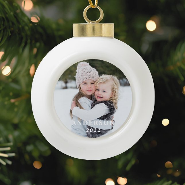 Family Name and Photo Christmas Ceramic Ball Christmas Ornament (Creator Uploaded)