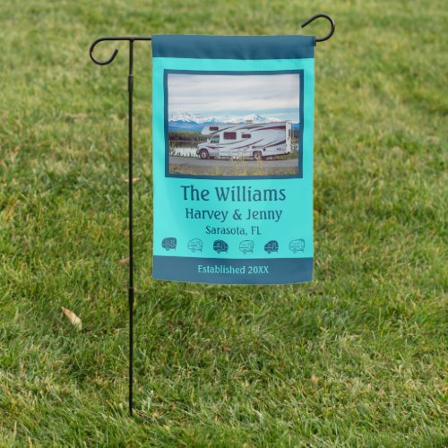 Family Name and Photo RV Campsite Flag Blue Teal Garden Flag