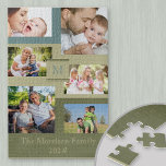 Family Name and Year 6 Photo Collage Green Blue Jigsaw Puzzle<br><div class="desc">Custom jigsaw puzzle with 6 of your own photos, your family name, initial and the year. The design includes square photos and landscape photos on a background of olive green, sage green and coastal blue. Lovely family gift and with over 1000 pieces, makes for a fun and rewarding challenge for...</div>