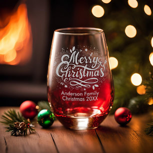 Family Name And Year Merry Christmas Keepsake Stemless Wine Glass