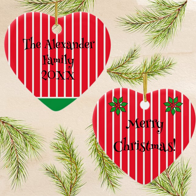 Family Name and Year on Red and White Stripes Ceramic Ornament (Creator Uploaded)