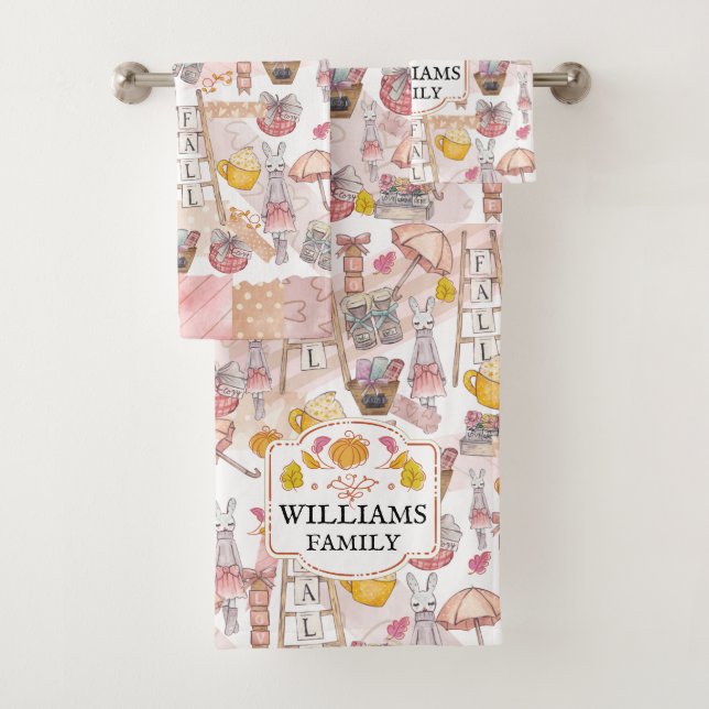 Family Name Autumn Watercolor Fall Bath Towel Set (Insitu)