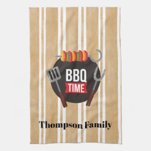 Family name BBQ time Modern illustration stripes Kitchen Towel