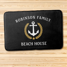Family Name Beach House Anchor Gold Laurel Black Bath Mat