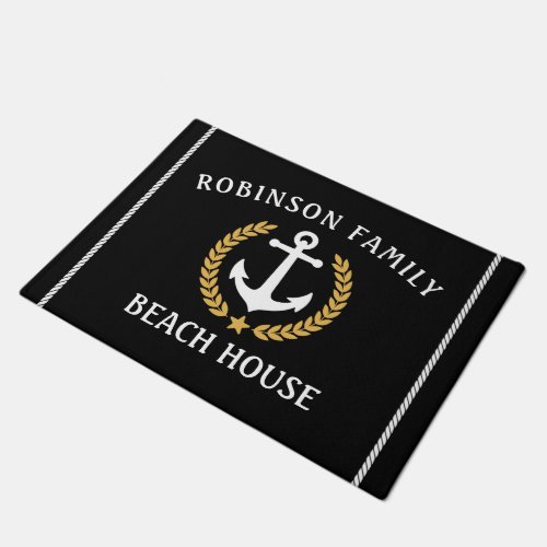 Family Name Beach House Anchor Gold Laurel Black Doormat