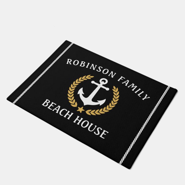Family Name Beach House Anchor Gold Laurel Black Doormat (Angled)