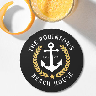Family Name Beach House Anchor Gold Laurel Black Round Paper Coaster