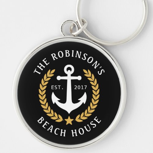 Family Name Beach House Anchor Gold Laurel Metal Keychain