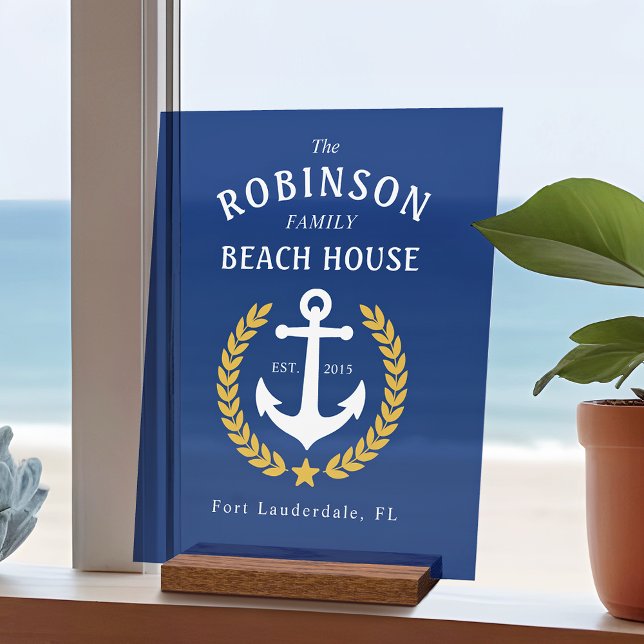 Family Name Beach House Anchor Gold Laurel Navy Acrylic Sign (Creator Uploaded)