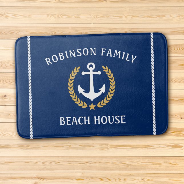 Family Name Beach House Anchor Gold Laurel Navy Bath Mat (Several sizes to choose from.)
