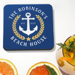 Family Name Beach House Anchor Gold Laurel Navy Beverage Coaster<br><div class="desc">A stylish nautical themed set of cork back beverage coasters with your personalized family name and beach house, lake house, or other desired text and established date. Features a custom designed boat anchor with gold style laurel leaves and a star on classic navy blue or easily customize the base color...</div>
