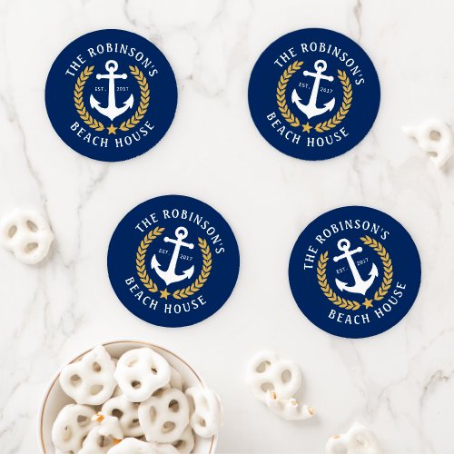 Family Name Beach House Anchor Gold Laurel Navy Coaster Set