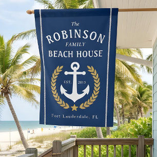 Family Name Beach House Anchor Gold Laurel Navy Flag