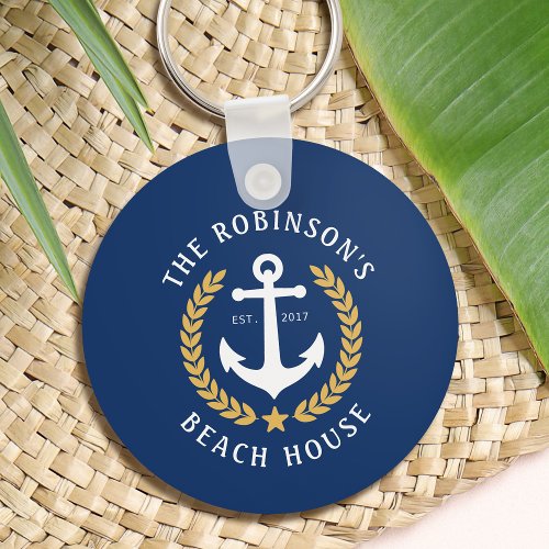 Family Name Beach House Anchor Gold Laurel Navy Keychain