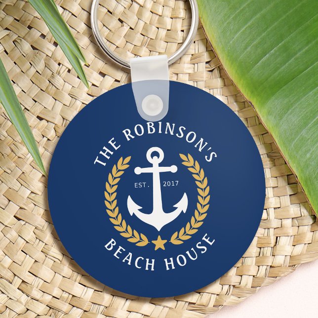 Family Name Beach House Anchor Gold Laurel Navy Keychain (Creator Uploaded)