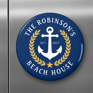 Family Name Beach House Anchor Gold Laurel Navy Magnet