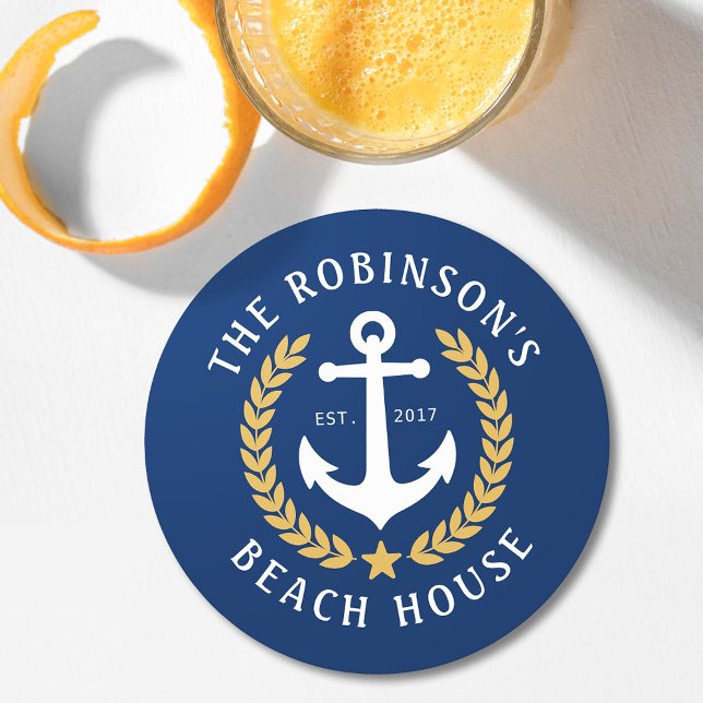 Family Name Beach House Anchor Gold Laurel Navy Round Paper Coaster (Creator Uploaded)
