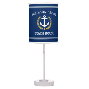 Family Name Beach House Anchor Gold Laurel Navy Table Lamp