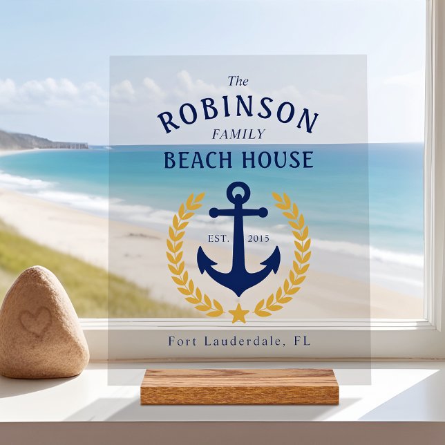 Family Name Beach House Anchor Gold Laurel Star Acrylic Sign (Creator Uploaded)