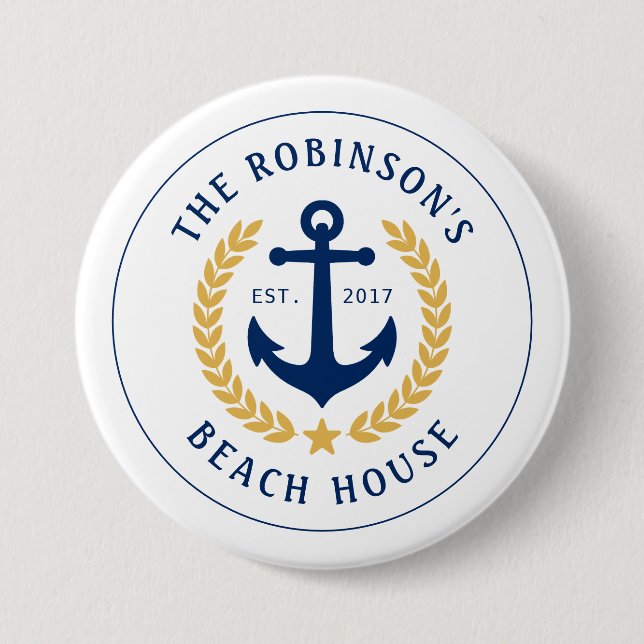Family Name Beach House Anchor Gold Laurel Star Button (Front)
