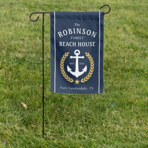 Family Name Beach House Anchor Gold Laurel Star Garden Flag