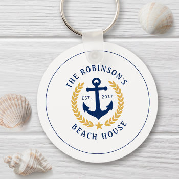 Family Name Beach House Anchor Gold Laurel Star Keychain by AnchorIsle at Zazzle