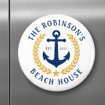 Family Name Beach House Anchor Gold Laurel Star Magnet<br><div class="desc">A stylish nautical themed round refrigerator magnet with your personalized family name and beach house, lake house, or other desired text and established date. Features a custom designed boat anchor with gold style laurel leaves and a star on white or easily customize the base color to match your current decor...</div>