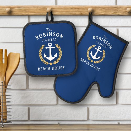 Family Name Beach House Anchor Gold Laurel Star Oven Mitt  Pot Holder Set