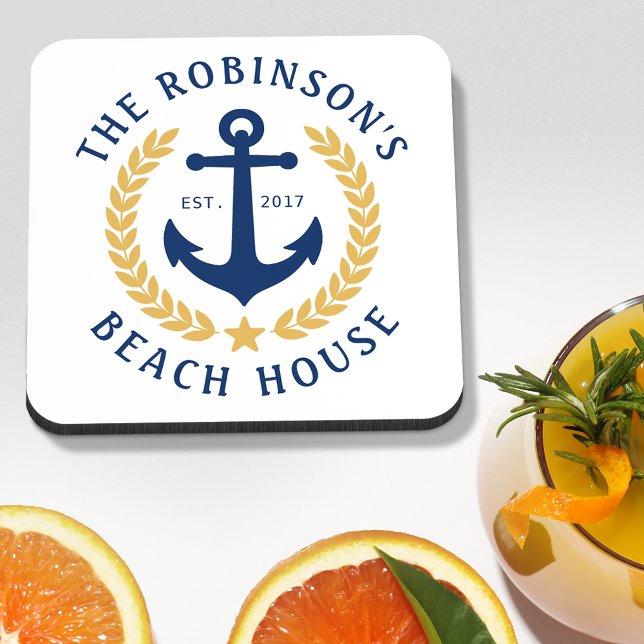Family Name Beach House Anchor Gold Laurel White Beverage Coaster (Creator Uploaded)