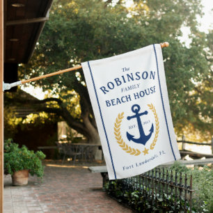 Family Name Beach House Anchor Gold Laurel White Flag