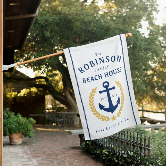 Family Name Beach House Anchor Gold Laurel White House Flag (In SItu)