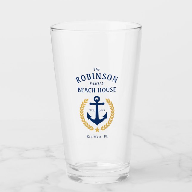 Family Name Beach House Anchor Gold Style Laurel Glass (Front)