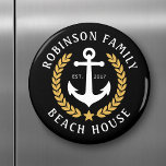 Family Name Beach House Anchor Gold style Laurel Magnet<br><div class="desc">A stylish nautical themed, round refrigerator magnet with your personalized family name and beach house, lake house, or other desired text and established date. Features a custom designed boat anchor with gold style laurel leaves and a star on black or easily customize the base color to match your current decor...</div>