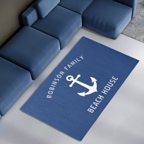 Family Name Beach House Anchor Nautical Navy Blue Rug