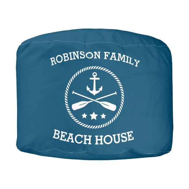 Family Name Beach House Anchor Oars Stars Aqua Pouf (Front)